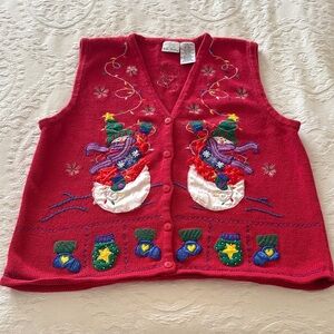 Vintage Knit Embroidered Bobbie Brooks Red Snowman Sweater Vest **Damaged**